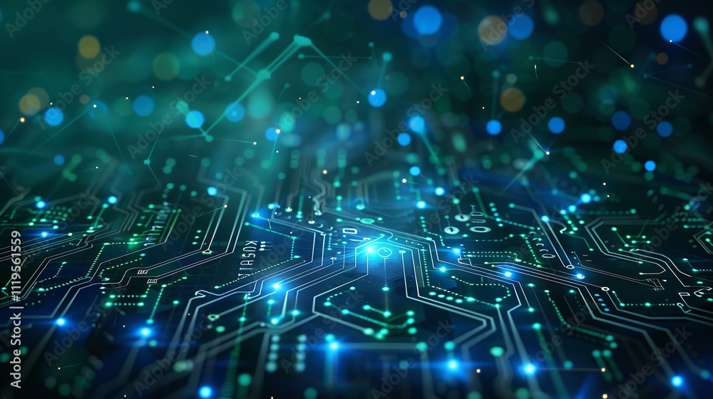 Poster abstract futuristic of green digital circuit board and processor computer, generative ai