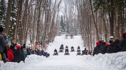 Fototapeta premium Snowmobile Riders Racing Through Snowy Forest Trail in Winter