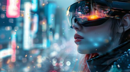 Futuristic cityscape with a woman wearing high-tech sunglasses at night