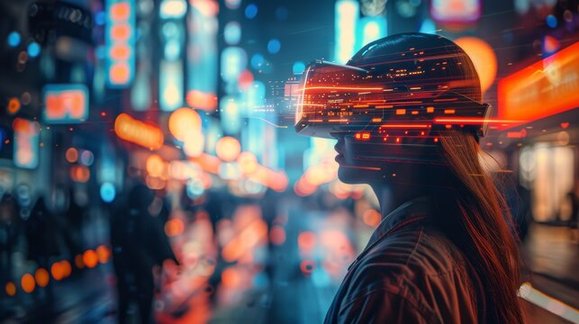 Woman wearing virtual reality headset explores a vibrant neon-lit street at night in a futuristic urban setting