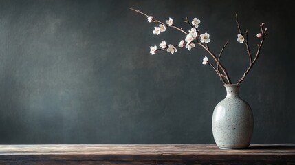 Elegant Blossom Branch in Ceramic Vase on Rustic Wooden Table