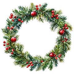 Christmas round wreath ring in watercolor isolated on white or transparent background