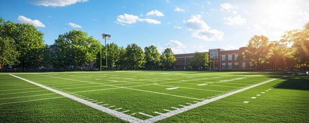 A football field on a university campus, ready for events, with ample space