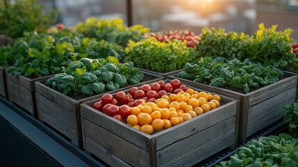 Freshly Harvested Organic Vegetables in Wooden Boxes Illuminated by Sunset Light on a Rooftop Garden Setting in an Urban Environment