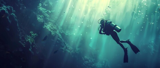 Immersed in turquoise depths, a diver explores the tranquil aquatic world, bathed in soft beams of sunlight filtering through the water.