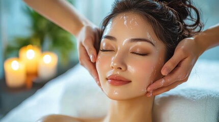 Close-up of a young woman enjoying a rejuvenating scalp massage with foamy soap in her hair, her eyes closed and a serene smile, surrounded by soft green tones for a calming spa vibe