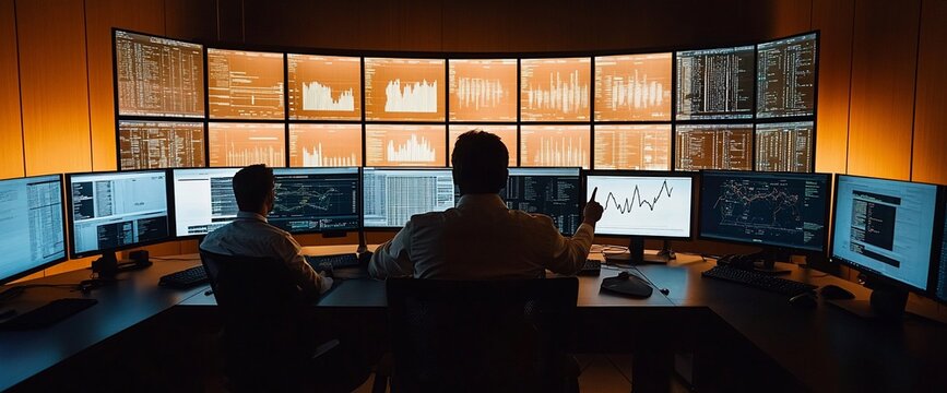 Two analysts reviewing data on multiple screens in a dark control room.