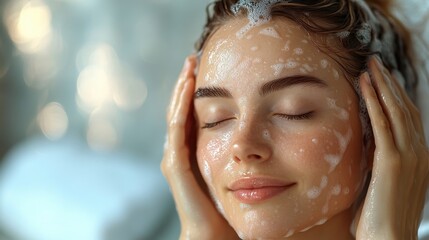 Fototapeta premium Close-up of a young woman enjoying a rejuvenating scalp massage with foamy soap in her hair, her eyes closed and a serene smile, surrounded by soft green tones for a calming spa vibe