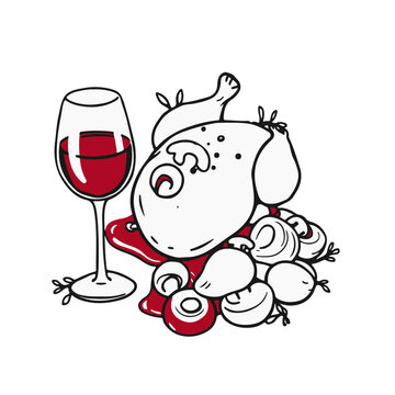 wine glass and roasted chicken sketch clip art preview