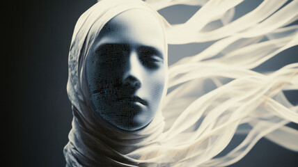 A mannequin with digital text on its face, surrounded by flowing data waves, symbolizes AI and information flow.