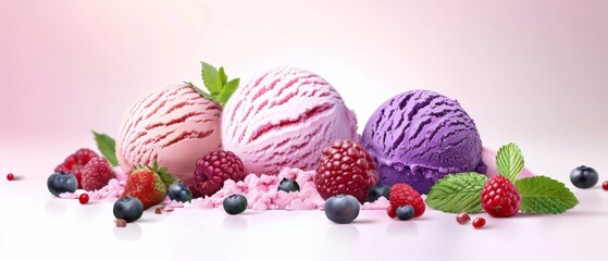 Three scoops of colorful ice cream adorned with fresh berries, exuding sweetness and indulgence against a pastel backdrop, inviting taste buds to celebrate.