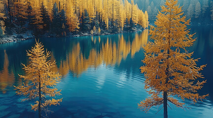 A forest of larch trees in autumn, their leaves shimmering with golden hues against the backdrop of the deep blue lake water.