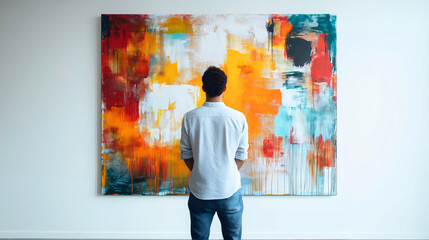 Fototapeta premium Man Observing Abstract Art in Modern Gallery, Engaging with Vibrant Colors and Creative Expression, Immersed in Artistic Inspiration and Contemporary Aesthetics