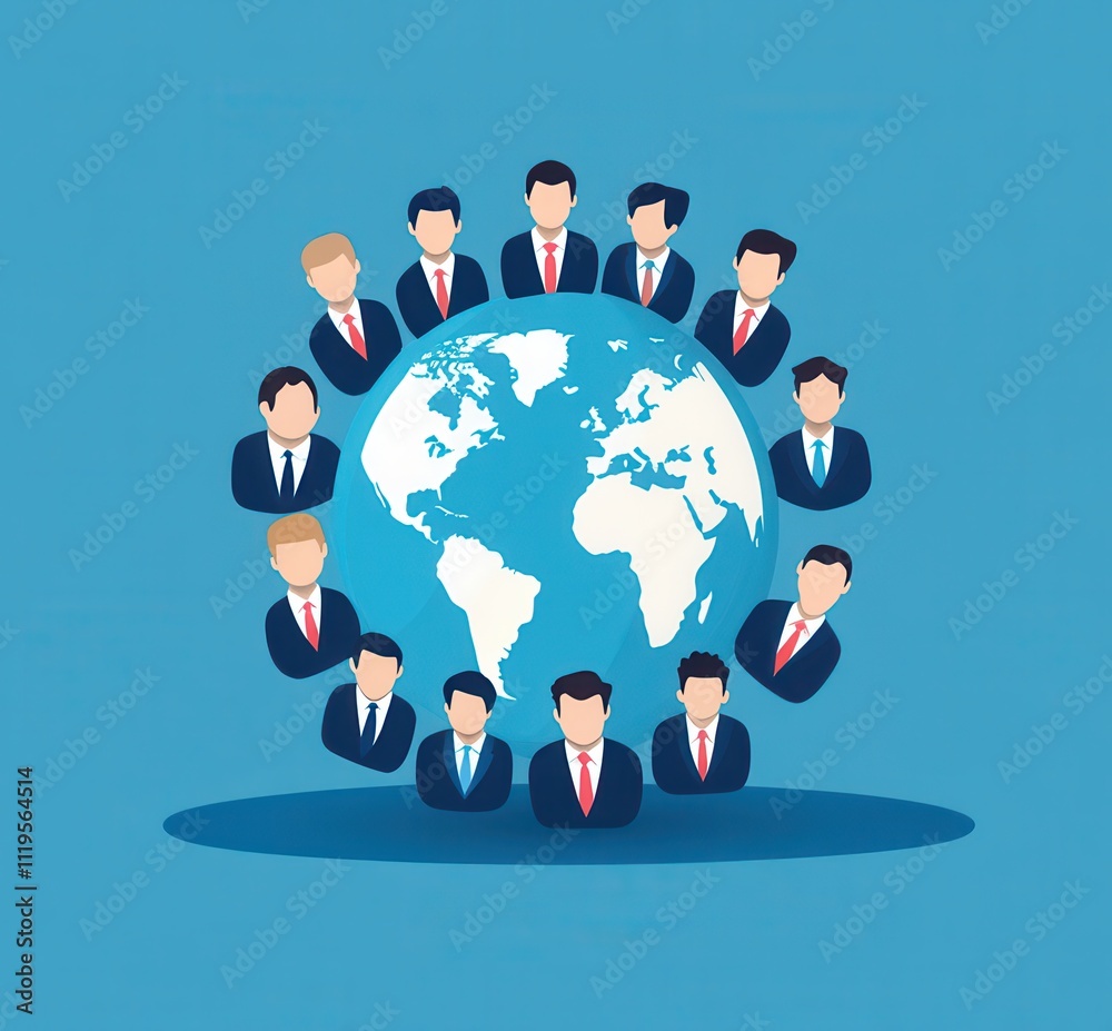 Poster a group of people having a discussion. a group of diverse professionals surrounds a globe, symbolizi