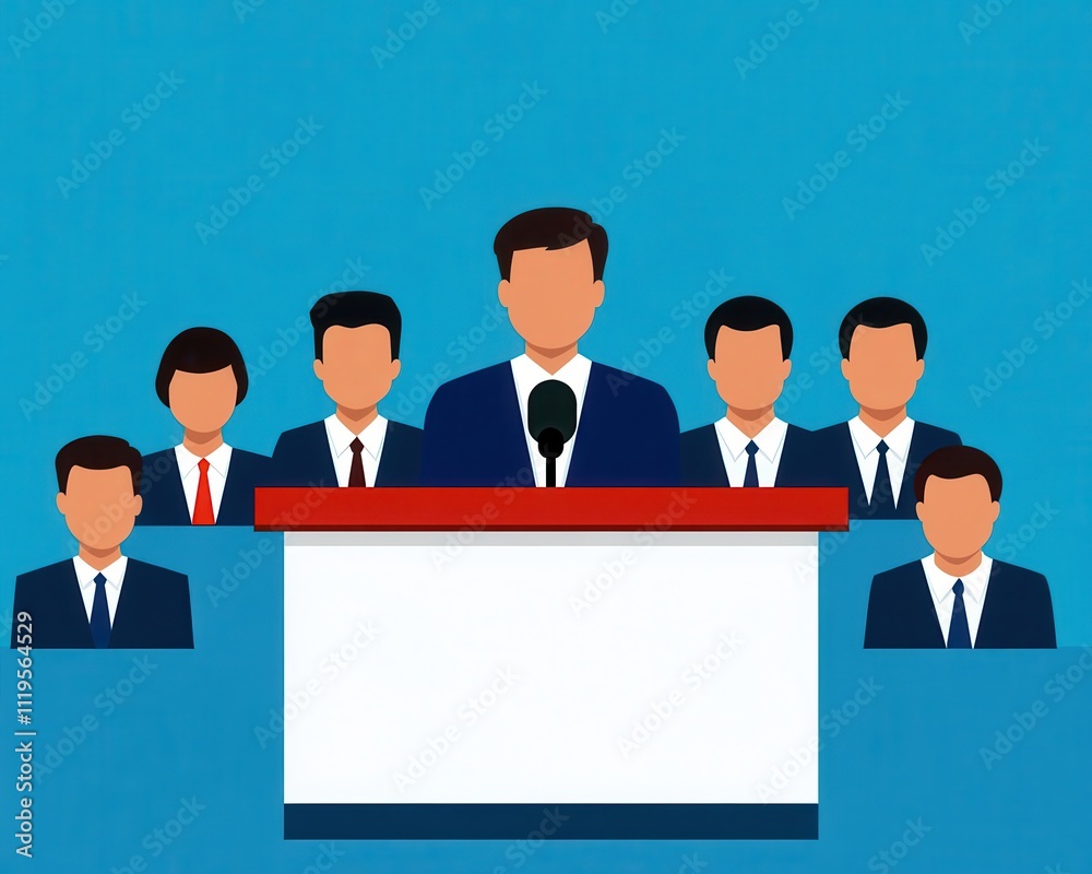 Aufkleber a group of people having a discussion. a speaker stands at a podium with a group of men behind him, 