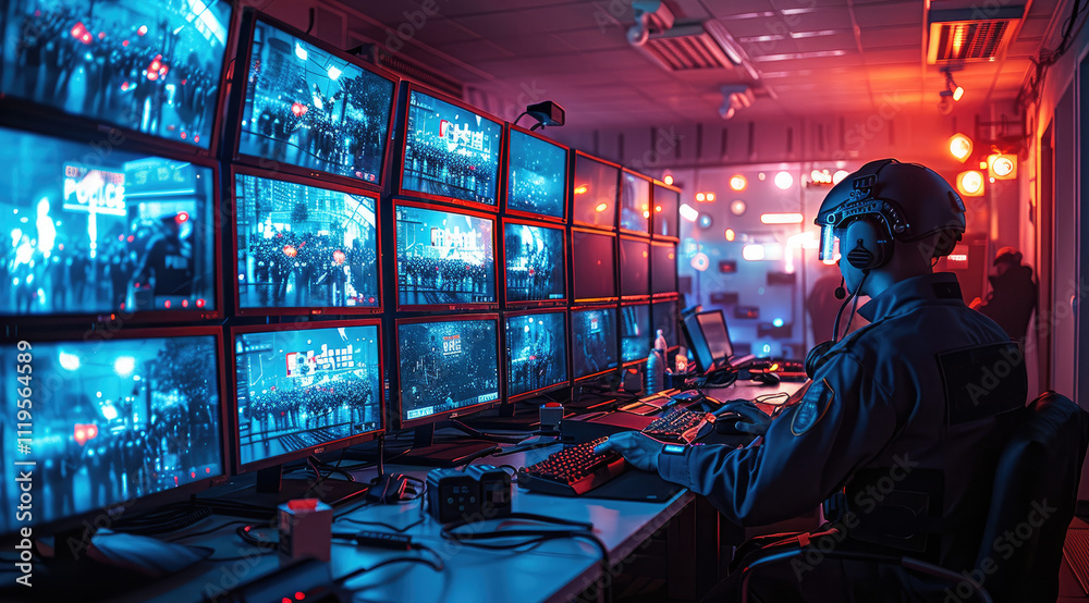 Poster a chaotic control room for the police at night, illuminated primarily by the glow of dozens of monit