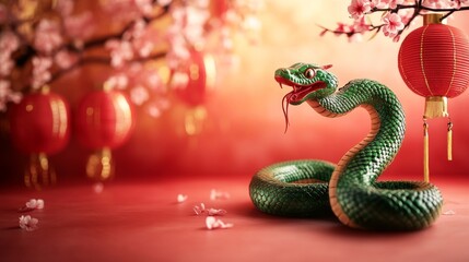 Obraz premium A stunning green snake artistically coiled among delicate cherry blossom branches and bright red lanterns, evoking festive traditions and cultural connections during springtime.