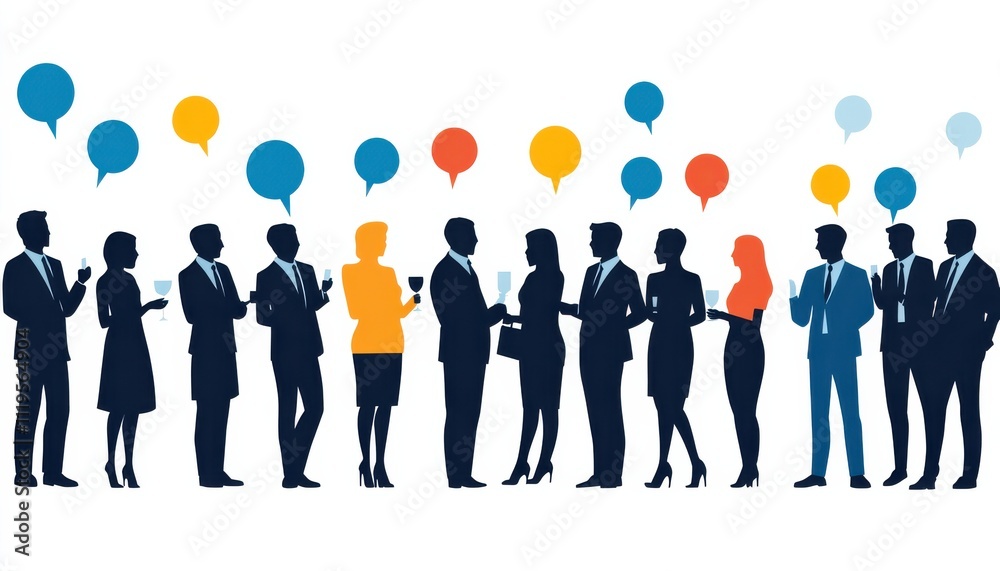 Poster a group of silhouetted professionals engaged in conversation, with colorful speech bubbles indicatin