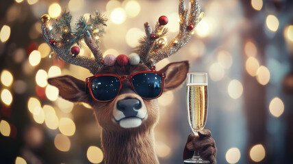 A festive reindeer with decorated antlers, stylish sunglasses, and a glass of champagne radiates holiday cheer and cool vibes.