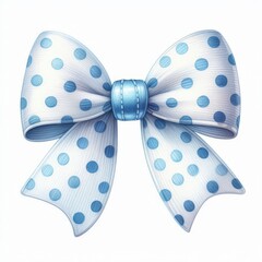 White bow with blue polka dots isolated on white background. Illustration for design and decoration projects