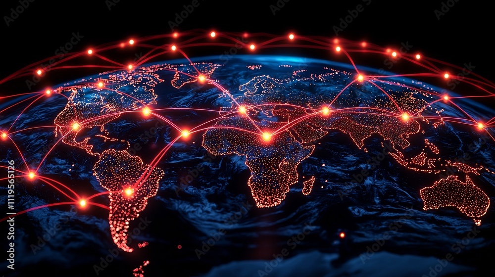 Poster glowing global network graph connecting data and information across borders