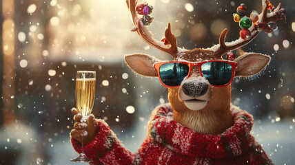 A festive reindeer with decorated antlers, stylish sunglasses, and a glass of champagne radiates holiday cheer and cool vibes.