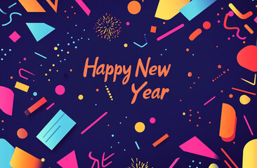 Festive New Year celebration with colorful geometric shapes on a dark background