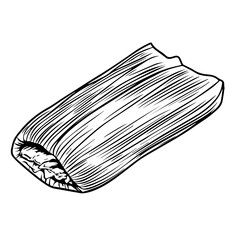 Mexican Tamale with Chicken and Green Salsa – A Traditional Masa Dish Steamed in Corn Husks Black Outline Vector Illustration