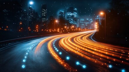 Night city highway with light trails.