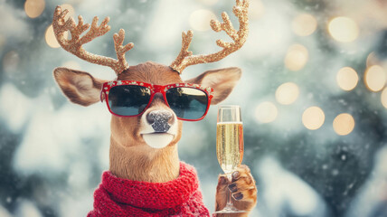 A festive reindeer with decorated antlers, stylish sunglasses, and a glass of champagne radiates holiday cheer and cool vibes.