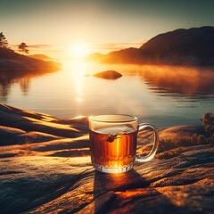 Glass mug of hot beverage resting on rock overlooking water at sunset