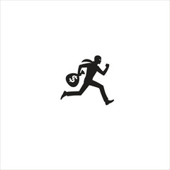 Black silhouette of a thief in motion carrying a money bag with a dollar sign. Represents crime, theft, and urgency in a simple, iconic style.