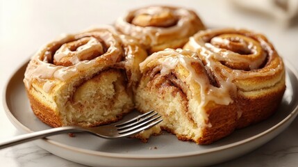 Freshly baked cinnamon rolls with glaze served on a plate