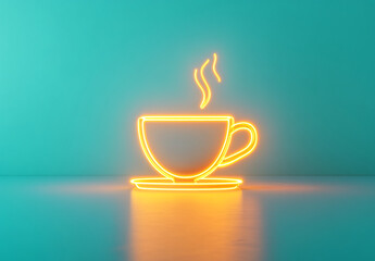 Neon coffee cup glowing against a turquoise background creates an inviting and cozy atmosphere for...