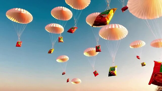sky full of snack bags descends with parachutes, symbolizing creative product promotion and delivery