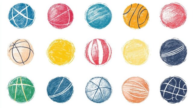 whimsical sports themed icon collection, hand sketched ball designs, crayon texture effect, loose drawing style, simple circular shapes, clean minimal look, bright color palette, centered isolated