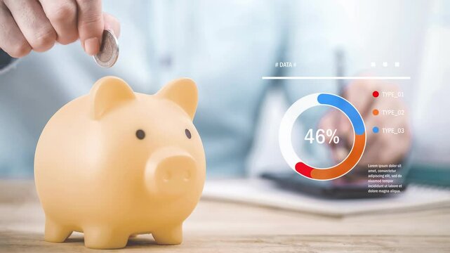 Close up businessman hand putting money coin into piggy for saving money, budget, investment or strategy for personal savings