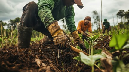Eco-awareness Concept. Farmers cultivate soil, planting seedlings in a lush field under cloudy skies, showcasing teamwork and dedication to agriculture.