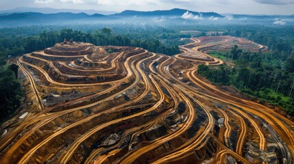 Drone view of rainforest deforestation showcasing environmental degradation and biodiversity loss