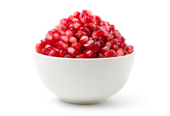 Pomegranate seeds in white bowl isolated on white background. Clipping path.