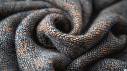 Close-up of textured grey and orange fabric swirled.