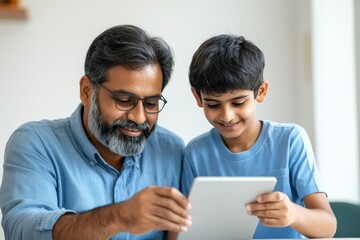 indian father and son using tablet together