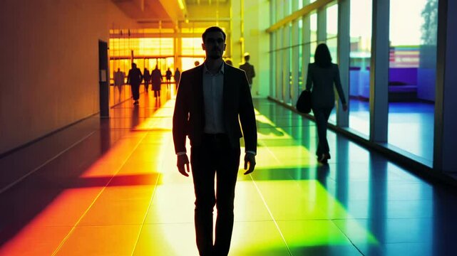 People walking on rainbow colors office space, motion blur effect, LGBT pride gender equality concept