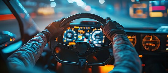 Close-up of hands gripping a car's steering wheel at night, illuminated dashboard visible.