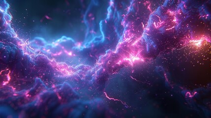 This photo depicts a striking abstract image of a blue and purple background illuminated by multiple lightning strikes