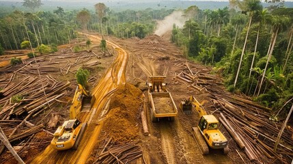  Overhead perspective of logging activity in tropical forests, exposing human impact on ecosystems