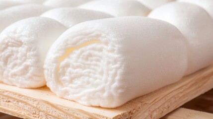 Insulation Foam Spray Concept, Clean Foam Insulation Rolls on Wooden Frame for Effective Layering and Forming Applications