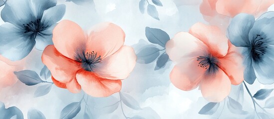 Serene Watercolor Floral Blossom: Peach and Blue Hues