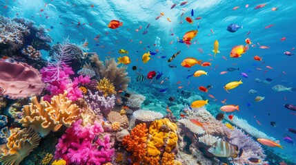 Top-down view of coral reef teeming with vibrant marine life and clear tropical waters