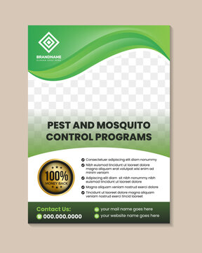 Pest and mosquito control Service Flyer Template, Professional brochure with space for photo. green gradient element on vertical layout with white background. guaranteed bedge as element.